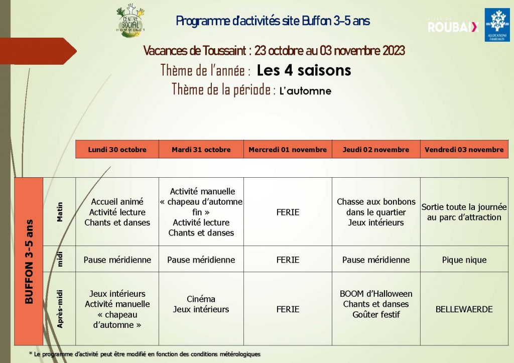 Programme d’activités site Buffon 3-5 ans Vacances de Toussaint 2023