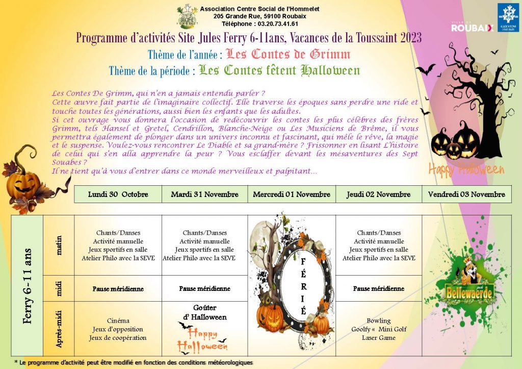 Programme d’activités Site Jules Ferry 6-11ans, Vacances de la Toussaint 2023